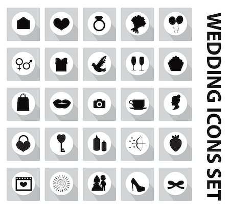 Wedding set of icons, design elements, black silhouette with long shadows.Marriage and romance of a collection of objects with ring, bride, groom, balloons, hearts, flowers. Vector illustration. Stock Photo - Budget Royalty-Free & Subscription, Code: 400-08966533