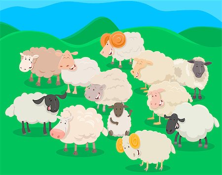 Cartoon Illustration of Flock of Sheep Farm Animal Characters Stock Photo - Budget Royalty-Free & Subscription, Code: 400-08966768