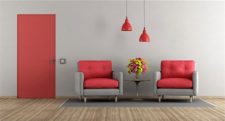 simsearch:400-07513835,k - Red and gray modern living room with two armchair and closed door - 3d rendering Foto de stock - Super Valor sin royalties y Suscripción, Código: 400-08966916