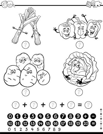 Black and White Cartoon Illustration of Educational Mathematical Activity Game for Children with Food Objects Vegetable Characters Coloring Page Foto de stock - Super Valor sin royalties y Suscripción, Código: 400-08967788