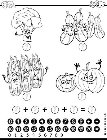 Black and White Cartoon Illustration of Educational Mathematical Activity for Children with Food Objects Vegetable Characters Coloring Page Foto de stock - Super Valor sin royalties y Suscripción, Código: 400-08967789
