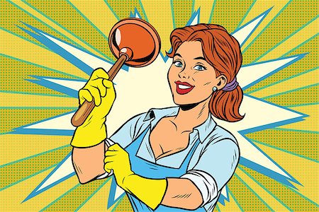 plumber (female) - Cleaner with a plunger. Comic cartoon style pop art retro color picture illustration Stock Photo - Budget Royalty-Free & Subscription, Code: 400-08967805