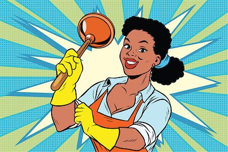 plumber (female) - Cleaner with a plunger. African American people. Comic cartoon style pop art retro color picture illustration Stock Photo - Budget Royalty-Free & Subscription, Code: 400-08967809