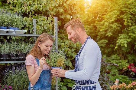 Horizontal outdoors shot of male gardener holding potted flower while woman standing and smelling it. Stock Photo - Budget Royalty-Free & Subscription, Code: 400-08968138