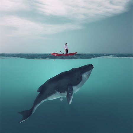 Man in boat floating above a huge whale in the ocean. This is a 3d render illustration Stock Photo - Budget Royalty-Free & Subscription, Code: 400-08968330
