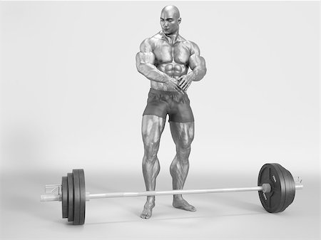 Bodybuilder posing and flexing his body in front of a barbell. This is a 3d render illustration Stock Photo - Budget Royalty-Free & Subscription, Code: 400-08968342