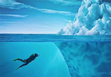 Diver swimming near an iceberg. This is a 3d render illustration. Stock Photo - Budget Royalty-Free & Subscription, Code: 400-08968552