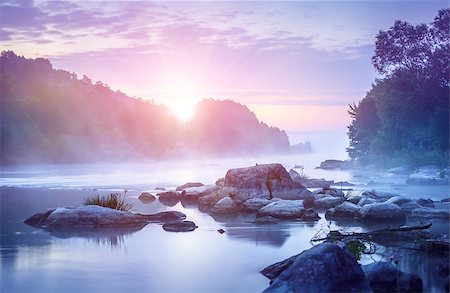 simsearch:400-06408905,k - Landscape with sunrise and mist over river matutinal picturesque morning sky clouds in water sunbeam forest. Stock Photo - Budget Royalty-Free & Subscription, Code: 400-08968587