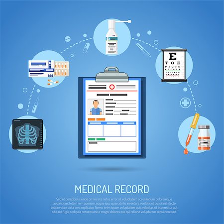 Medical record concept with flat icons card of patient, x-ray, eyesight and pills. isolated vector illustration Stock Photo - Budget Royalty-Free & Subscription, Code: 400-08961449