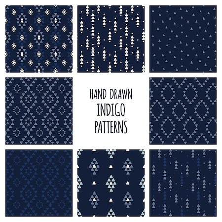 Set of hand drawn indigo blue patterns. Seamless aztec backgrounds with triangles, arrows, rhombuses and diamonds. Vector illustration. Stock Photo - Budget Royalty-Free & Subscription, Code: 400-08962260