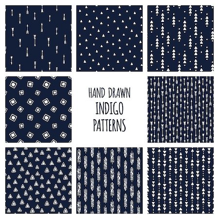 Set of hand drawn indigo blue patterns. Seamless native american backgrounds with triangles and arrows. Vector illustration. Stock Photo - Budget Royalty-Free & Subscription, Code: 400-08962263