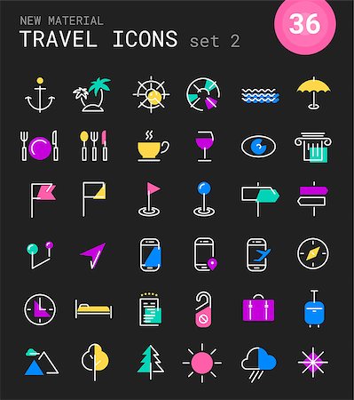 Vector set of trendy inline thin icons of travel and tourism metaphors in bright colored retro 80s, 90s style, set 2 Stock Photo - Budget Royalty-Free & Subscription, Code: 400-08962461