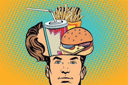 dreaming about eating - Man with an open head fast food. Comic cartoon style pop art retro color vector illustration Stock Photo - Budget Royalty-Free & Subscription, Code: 400-08963031