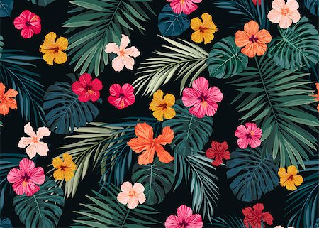floral vector pattern - Seamless hand drawn tropical pattern with bright hibiscus flowers and exotic palm leaves on dark background. Vector illustration. Stock Photo - Budget Royalty-Free & Subscription, Code: 400-08963075