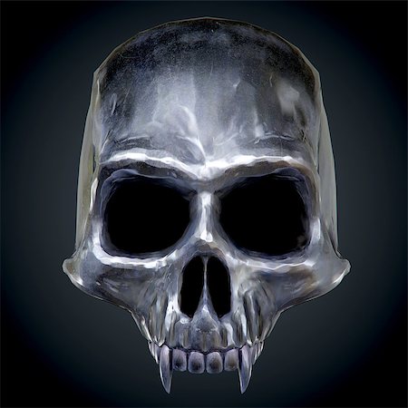 skull with bone in mouth - The vampire metal skull on dark background. 3D illustration. Stock Photo - Budget Royalty-Free & Subscription, Code: 400-08963822