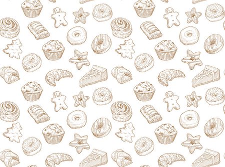 Hand drawn vector illustration - Seamless pattern with sweet and dessert. Yummy background croissant, cupcakes, pretzels, cake, cheesecake, macaroon . Stock Photo - Budget Royalty-Free & Subscription, Code: 400-08976823