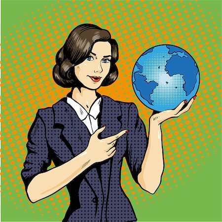 Business lady with planet Earth in hand. Stock vector illustration in pop art retro comic style Stock Photo - Budget Royalty-Free & Subscription, Code: 400-08977751