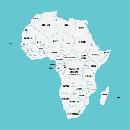 Simple flat map of Africa continent with national borders and country name labels on blue background. Vector illustration. Stock Photo - Budget Royalty-Free & Subscription, Code: 400-08978131