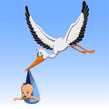 flying stork carrying baby - Cartoon cute stork carrying a child in a beak to parents Stock Photo - Budget Royalty-Free & Subscription, Code: 400-08978410