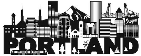 simsearch:400-05723698,k - Portland Oregon Outline Silhouette with City Skyline Downtown Panorama and Text Black Isolated on White Background Illustration Photographie de stock - Aubaine LD & Abonnement, Code: 400-08979809
