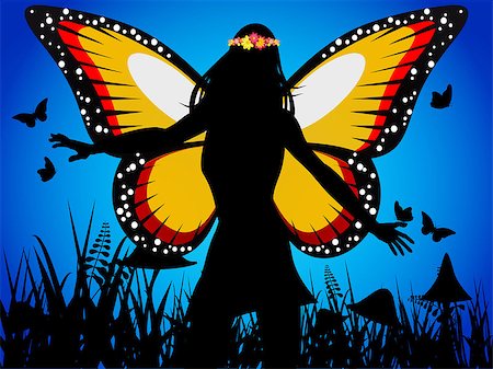 flower butterflies design - Fairy Queen Silhouette with Butterfly Wings and Flowers Crown Over Dark Blue Background Photographie de stock - Aubaine LD & Abonnement, Code: 400-08973765