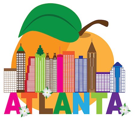 simsearch:400-05723698,k - Atlanta Georgia City Skyline Abstract with Peach Dogwood Flowers Colorful Text llustration Photographie de stock - Aubaine LD & Abonnement, Code: 400-08980087