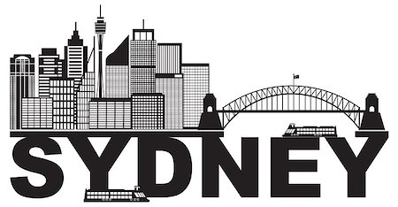 simsearch:400-05739630,k - Sydney Australia Skyline Landmarks Harbour Bridge Black Abstract Isolated on White Background Illustration Stock Photo - Budget Royalty-Free & Subscription, Code: 400-08980317