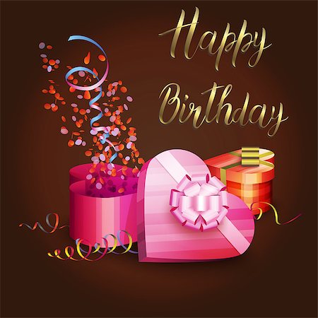 Illustration of a gift boxes, serpentine and inscription HAPPY BIRTHDAY on a dark red background Stock Photo - Budget Royalty-Free & Subscription, Code: 400-08980320