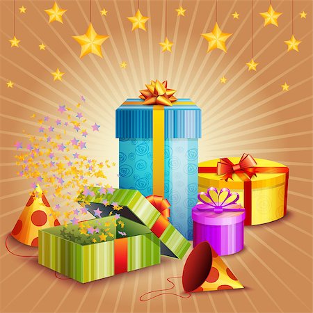 Composition of gift boxes, fireworks, stars and confetti Stock Photo - Budget Royalty-Free & Subscription, Code: 400-08980322