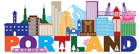 simsearch:400-05723698,k - Portland Oregon Outline Silhouette with City Skyline Downtown Panorama and Text ColorIsolated on White Background Illustration Photographie de stock - Aubaine LD & Abonnement, Code: 400-08980336