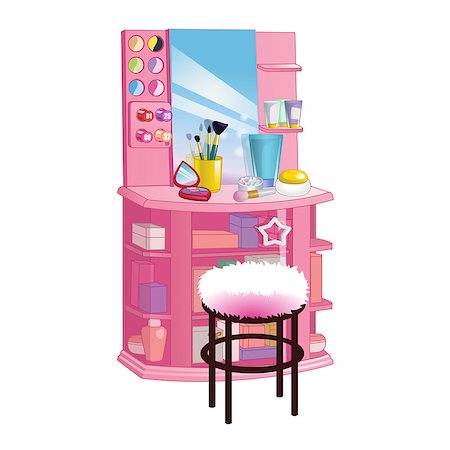 Woman dressing table with big mirror, chair and cosmetic. Flat style vector illustration. Photographie de stock - Aubaine LD & Abonnement, Code: 400-08981196