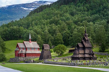 simsearch:400-04015133,k - Old wooden Borgund Stave Church, bell tower and new church building historical complex view. Borgund, Norway. Stock Photo - Budget Royalty-Free & Subscription, Code: 400-08997075