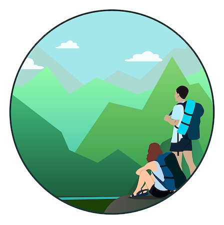 Couple - young man and woman - walking on a mountain trail and looking at a horizon. Adventure travel. Summer vacation. Around the world. Vector illustration. Stock Photo - Budget Royalty-Free & Subscription, Code: 400-08999088