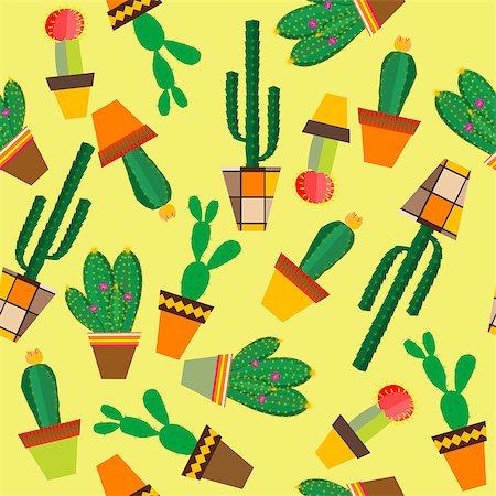 Yellow background with cactus flowers in pots Stock Photo - Budget Royalty-Free & Subscription, Code: 400-08999123