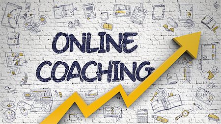 simsearch:400-06744483,k - Online Coaching Inscription on Modern Illustation. with Orange Arrow and Doodle Design Icons Around. Online Coaching - Improvement Concept on White Brick Wall Background. 3d. Stock Photo - Budget Royalty-Free & Subscription, Code: 400-09009247