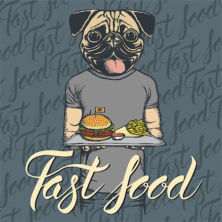 fast food restaurants background cartoon - Fast food vector concept. Illustration of pug dog with burger and French fries Stock Photo - Budget Royalty-Free & Subscription, Code: 400-09000276
