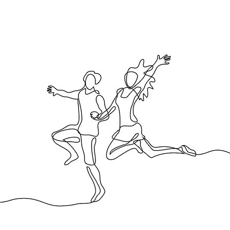 Happy jumping couple. Continuous line drawing. Vector illustration on white background Stock Photo - Budget Royalty-Free & Subscription, Code: 400-09000417
