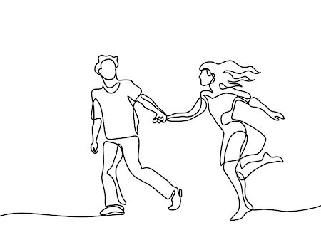 Happy running couple. Continuous line drawing. Vector illustration on white background Stock Photo - Budget Royalty-Free & Subscription, Code: 400-09000427