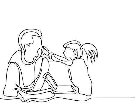 Father and daughter play with laptop. Continuous line drawing. Vector illustration. Stock Photo - Budget Royalty-Free & Subscription, Code: 400-09000432