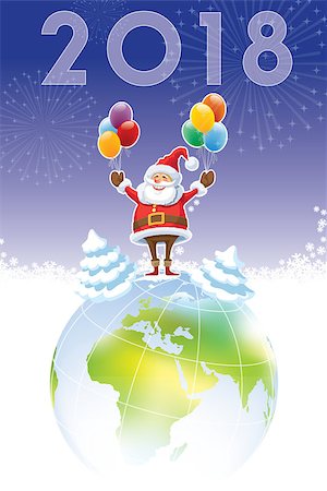 Smiling Santa Claus standing on a top of world globe, New Year 2018 in the sky. Stock Photo - Budget Royalty-Free & Subscription, Code: 400-09001420