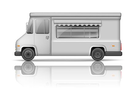 Food Truck isolated on grey. Realistic Fast-food Van template for Mock Up Brand identity design and transport advertising. White Service Delivery Truck blank surface Stock Photo - Budget Royalty-Free & Subscription, Code: 400-09001468