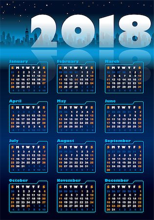 Urban blue calendar for 2018, weeks starts on Sunday Stock Photo - Budget Royalty-Free & Subscription, Code: 400-09001501