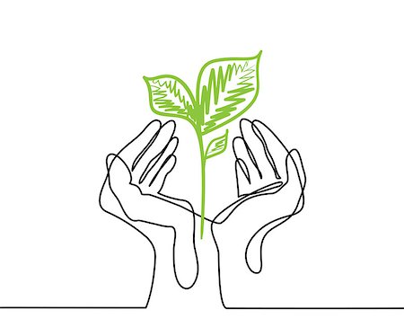 Hands holds a living green plant seedling. Continuous line drawing. Vector illustration Stock Photo - Budget Royalty-Free & Subscription, Code: 400-09001678