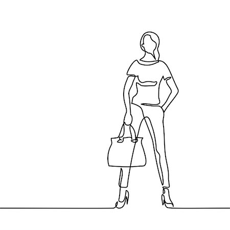 Fashion standing woman with bag. Continuous line drawing. Vector illustration Stock Photo - Budget Royalty-Free & Subscription, Code: 400-09002117