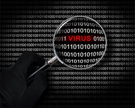 The concept of computer security. Hand with magnifying glass scans the binary code for viruses Stock Photo - Budget Royalty-Free & Subscription, Code: 400-09010575