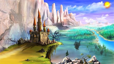fantasy mountain castle - Magical Fairy Tale Castle Surrounded by Mountains above the River in a Summer Day. Digital Painting Background, Illustration in cartoon style character. Stock Photo - Budget Royalty-Free & Subscription, Code: 400-09029074