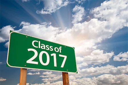 Class of 2017 Green Road Sign with Dramatic Clouds and Sky. Stock Photo - Budget Royalty-Free & Subscription, Code: 400-09030267