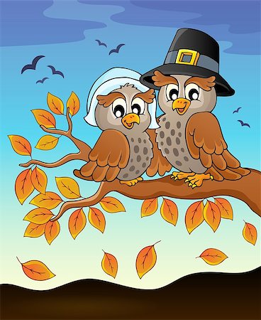 simsearch:400-04258210,k - Happy Thanksgiving owls on branch - eps10 vector illustration. Stock Photo - Budget Royalty-Free & Subscription, Code: 400-09032282
