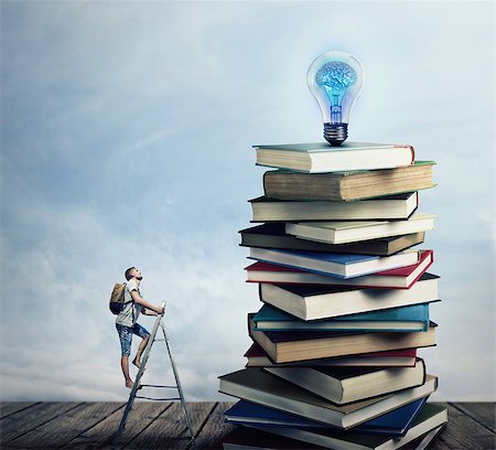 Young boy on the ladder, with a bag on his back, trying to climb a pile of books looking for a lightbulb. In search of knowlegde concept. Foto de stock - Super Valor sin royalties y Suscripción, Código: 400-09045778