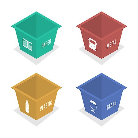Set of container for garbage of different types. Plastic, glass, paper and metal. Isolated on white background, vector illustration. Stock Photo - Budget Royalty-Free & Subscription, Code: 400-09046818